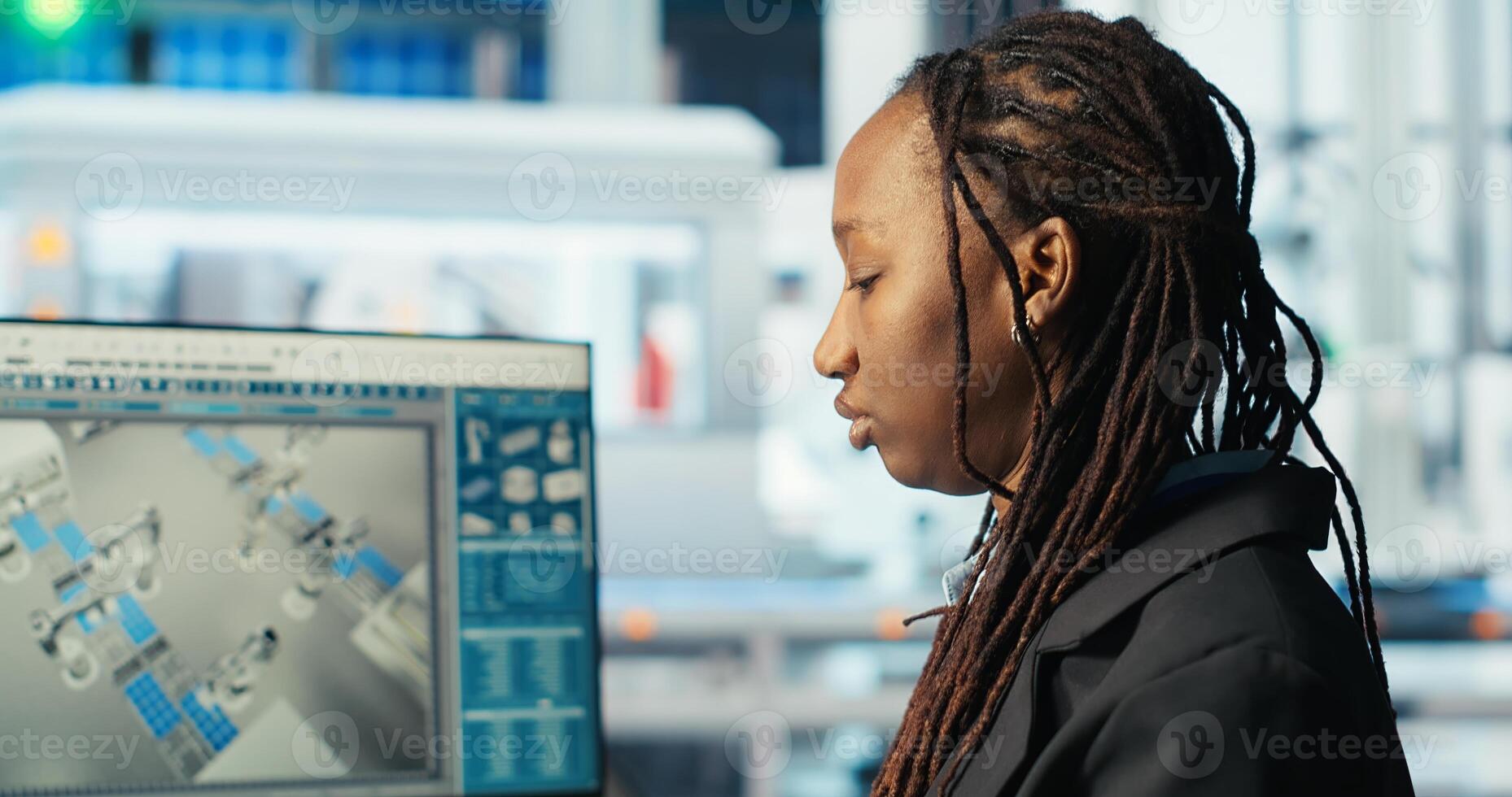 Factory programmer coding on PC to improve solar panels efficiency. African american software developer working in smart manufacturing plant, doing research, camera B photo