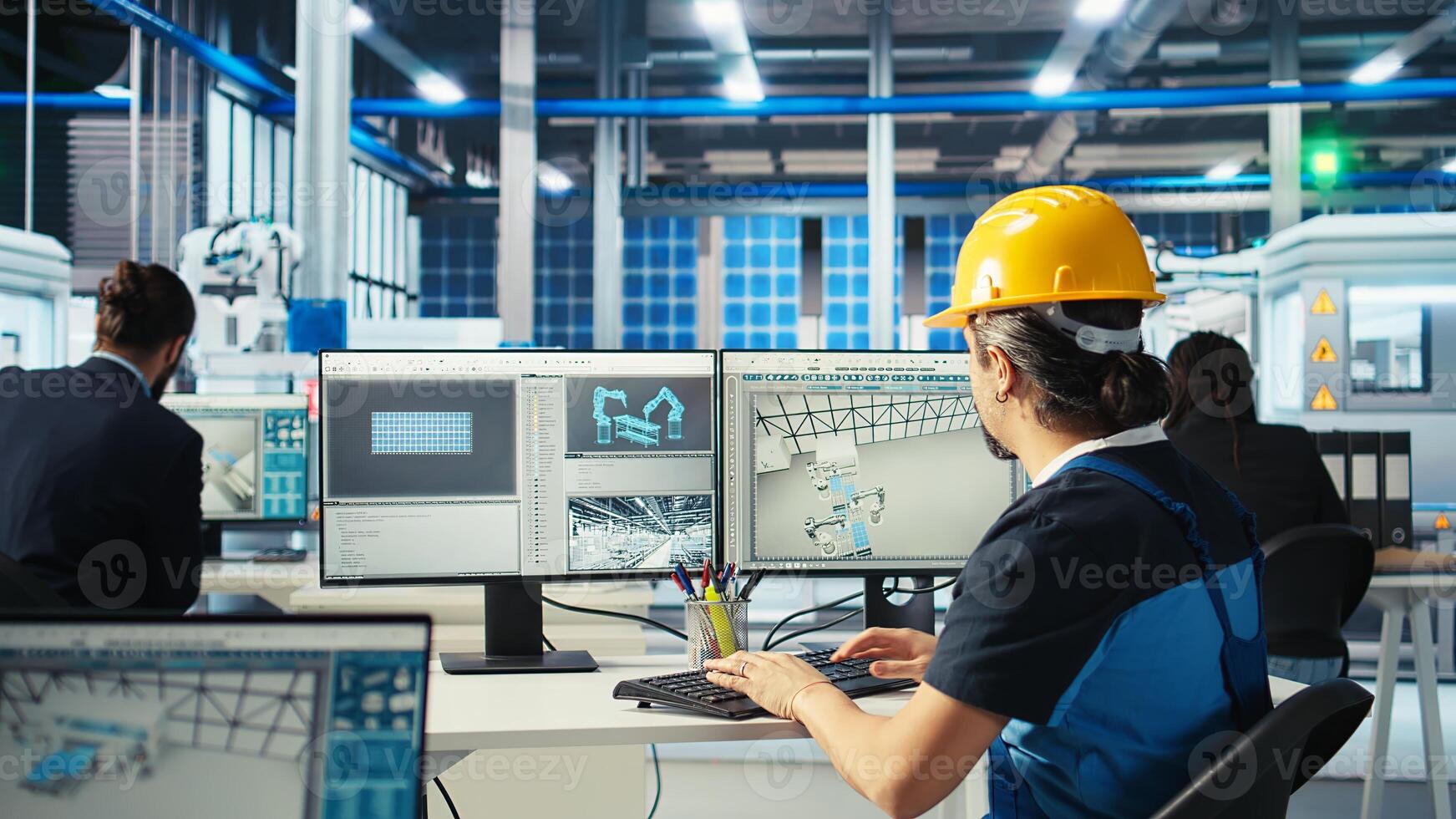 Factory engineer using PC to test robot arms placing solar panels on assembly lines. Professional sitting at computer desk inspecting photovoltaics machinery units, camera A photo