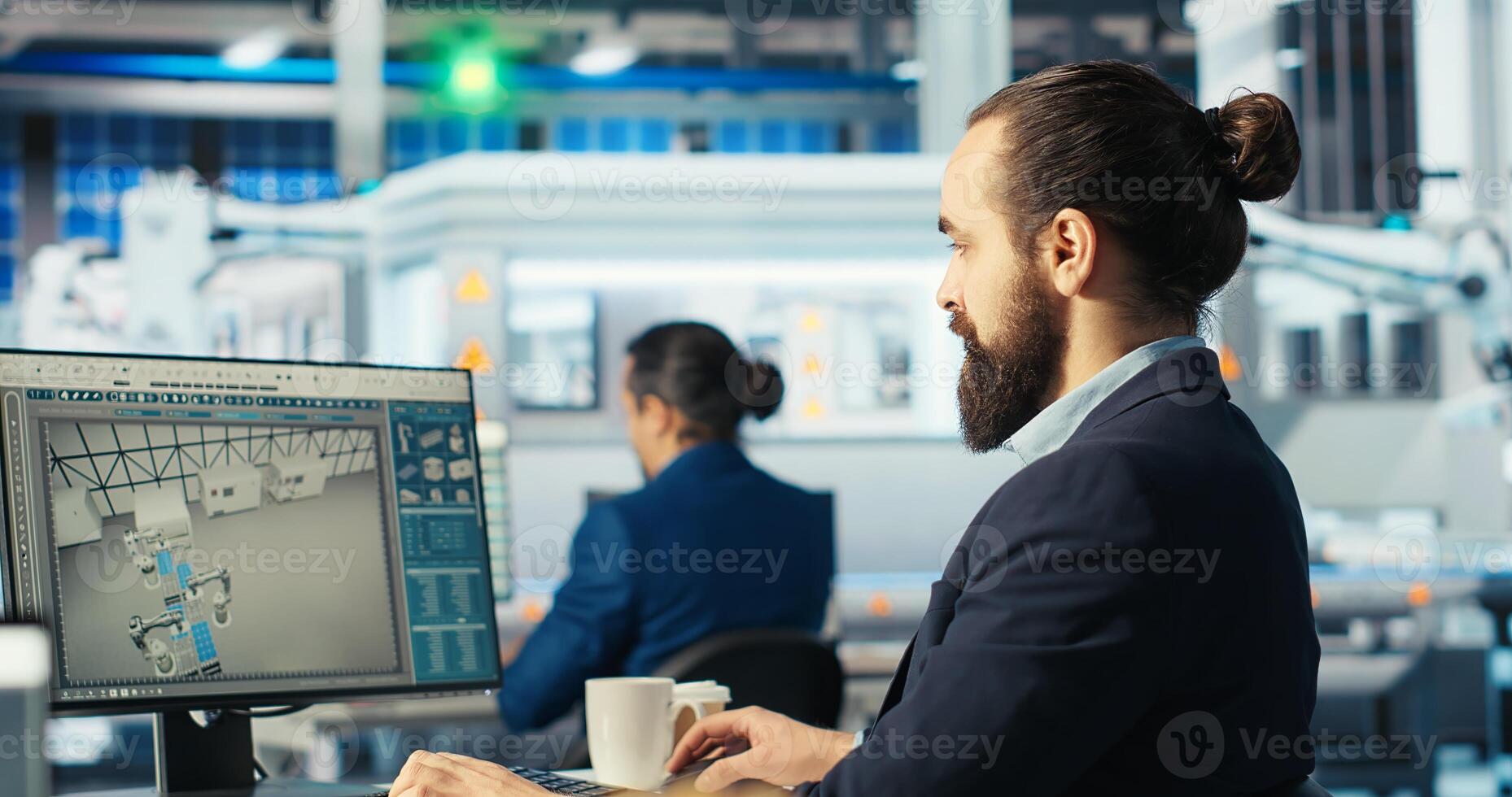 Photovoltaics engineer looking over documents and analyzing data. Solar panels manufacturing plant employee reading documentation files, troubleshooting technical issues, camera B photo