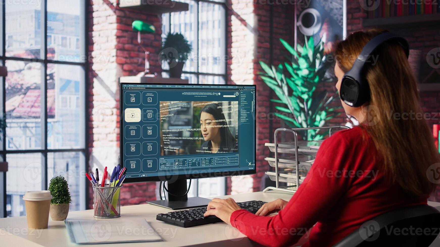 Developer coding cloud computing with AI chatbot on pc, working from home and focusing on software development process for productivity and innovation. Prompts for code. Camera B. photo