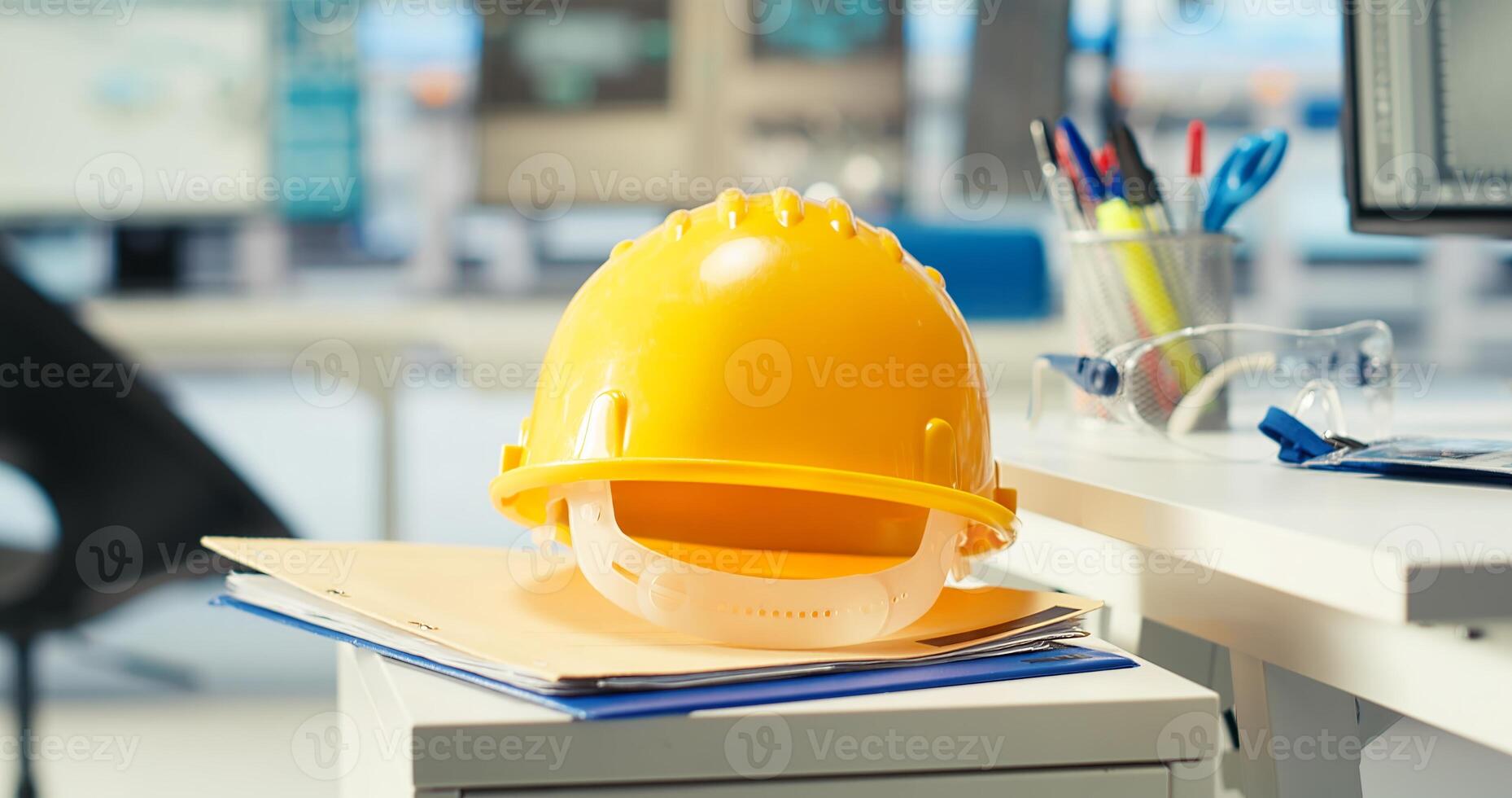 Yellow hardhat next to PC screen in factory used to update software of robot arms placing solar panels on assembly lines. Close up of engineering gear in empty photovoltaics facility photo