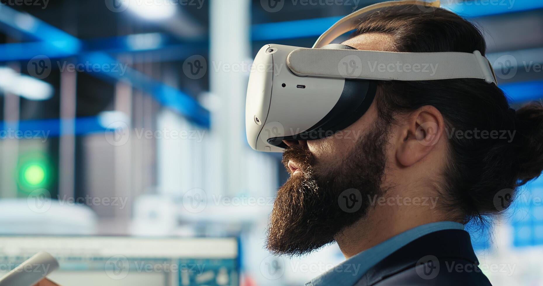 Engineer using VR gear to optimize layouts using CAD software. Photovoltaics factory worker using virtual reality tech to do arrangements for maximum energy output, camera B photo