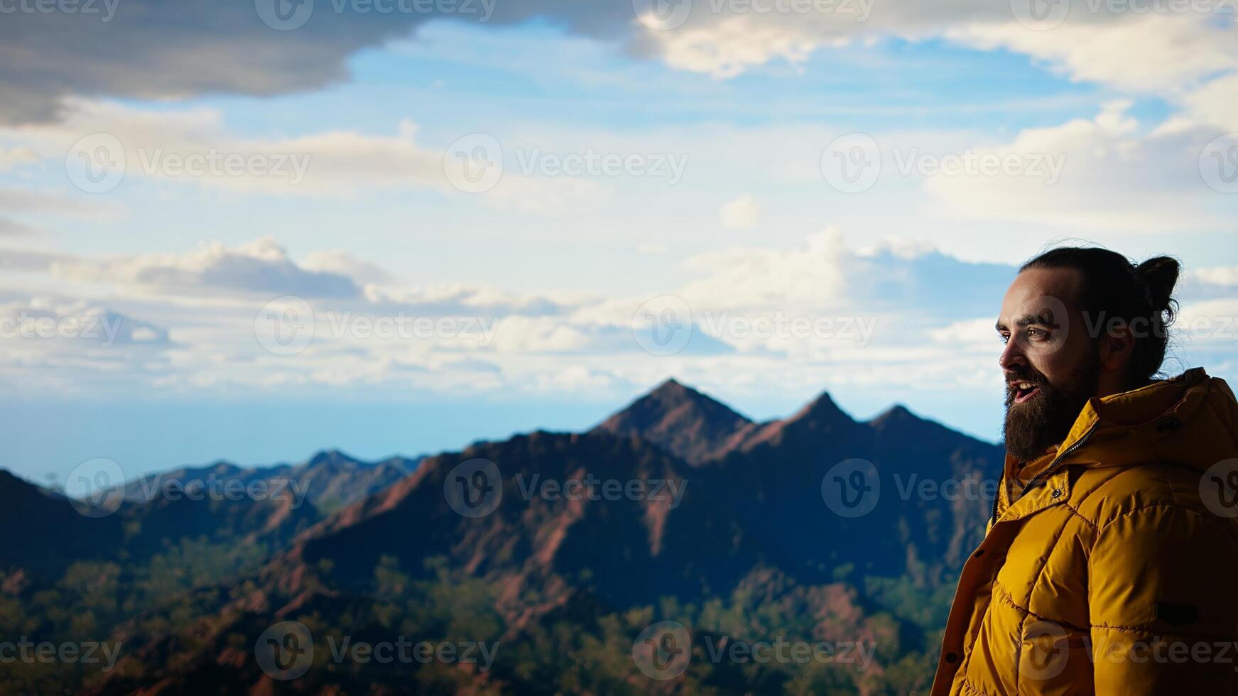 Thrilled traveler raises arms in triumph after climbing mountain top, enjoying panoramic beauty of nature. Feeling proud and admiring vast sky and endless landscape. Camera A. photo