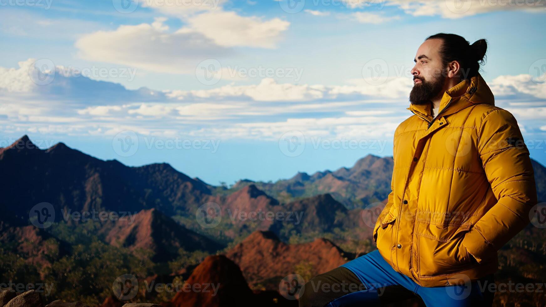 Hiker embracing challenge of trekking through wilderness, enjoying panoramic mountain landscape as reminder of strength and rewards of outdoor adventure. Adventure seeker. Camera A. photo