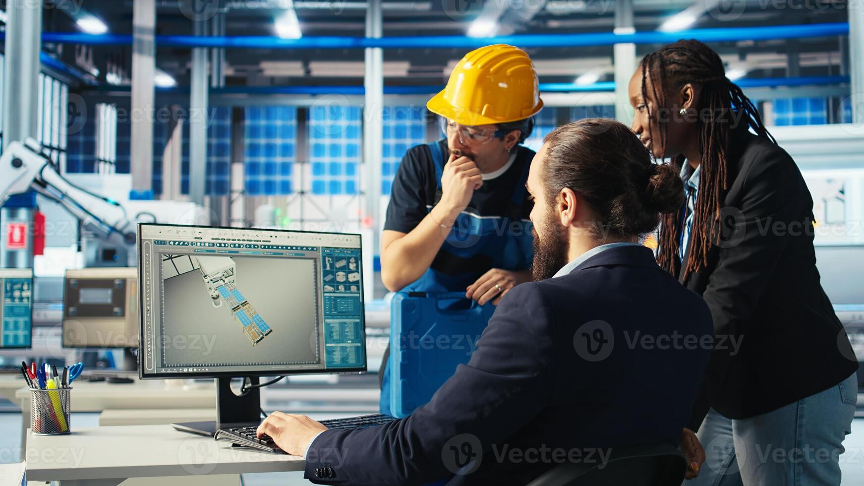Factory team leader gives workers tasks after analyzing system health metrics. Solar panels plant manager tells employees fixes to make after troubleshooting technical issues, camera A photo
