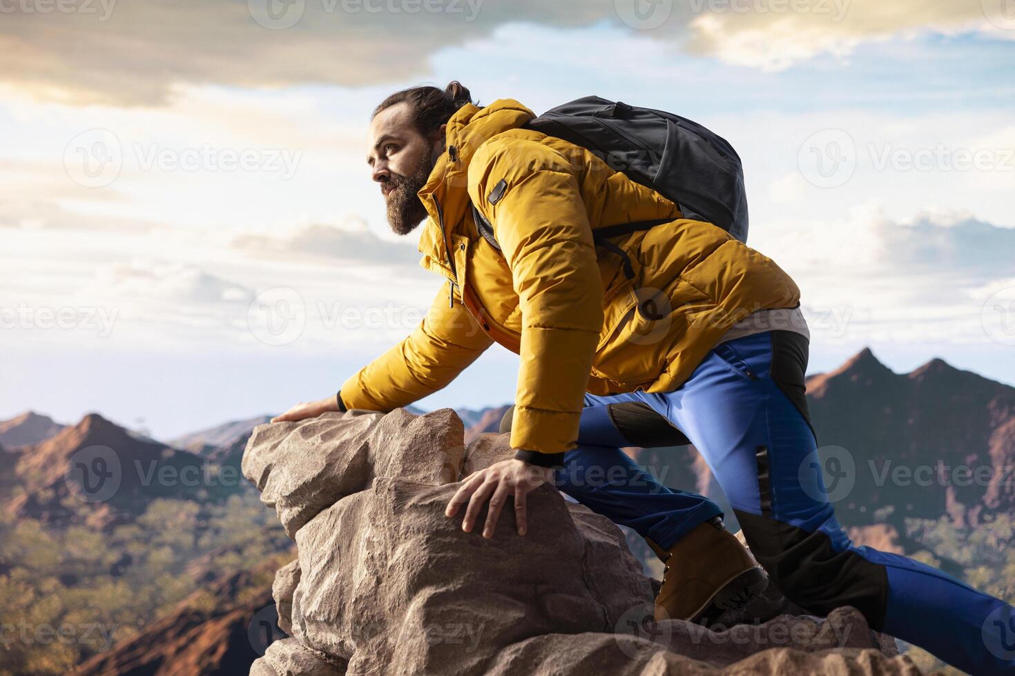 Traveler enjoys solitude of mountain summit, where panoramic view represents adventure and personal growth. Hiker with outdoor gear feeling cold on windy mountain top. photo