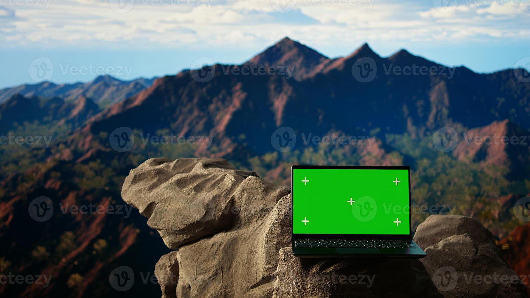Dramatic mountain range stretches across horizon with green screen, offering spectacular scenic view for hikers and adventurers. The rugged terrain is a challenge worth conquering. photo