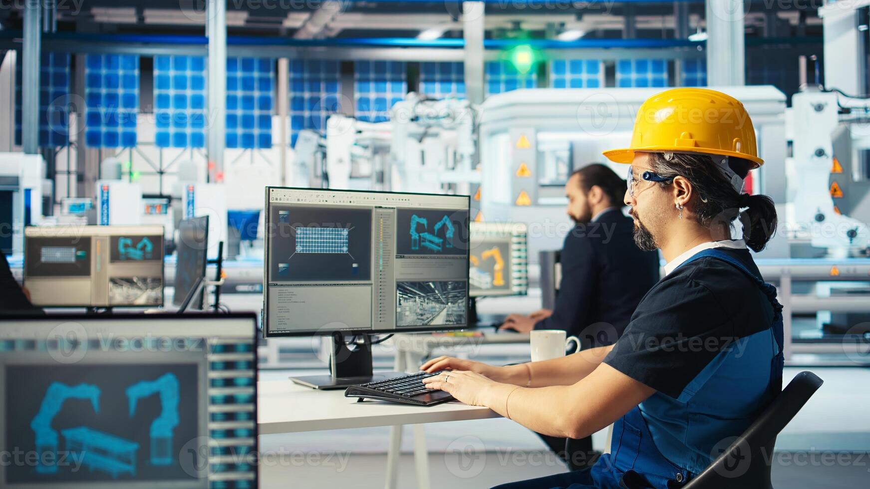 Photovoltaics engineer wearing yellow hardhat analyzing data, reviewing system metrics. Solar panels plant technician troubleshooting technical issues using computer software, camera A photo