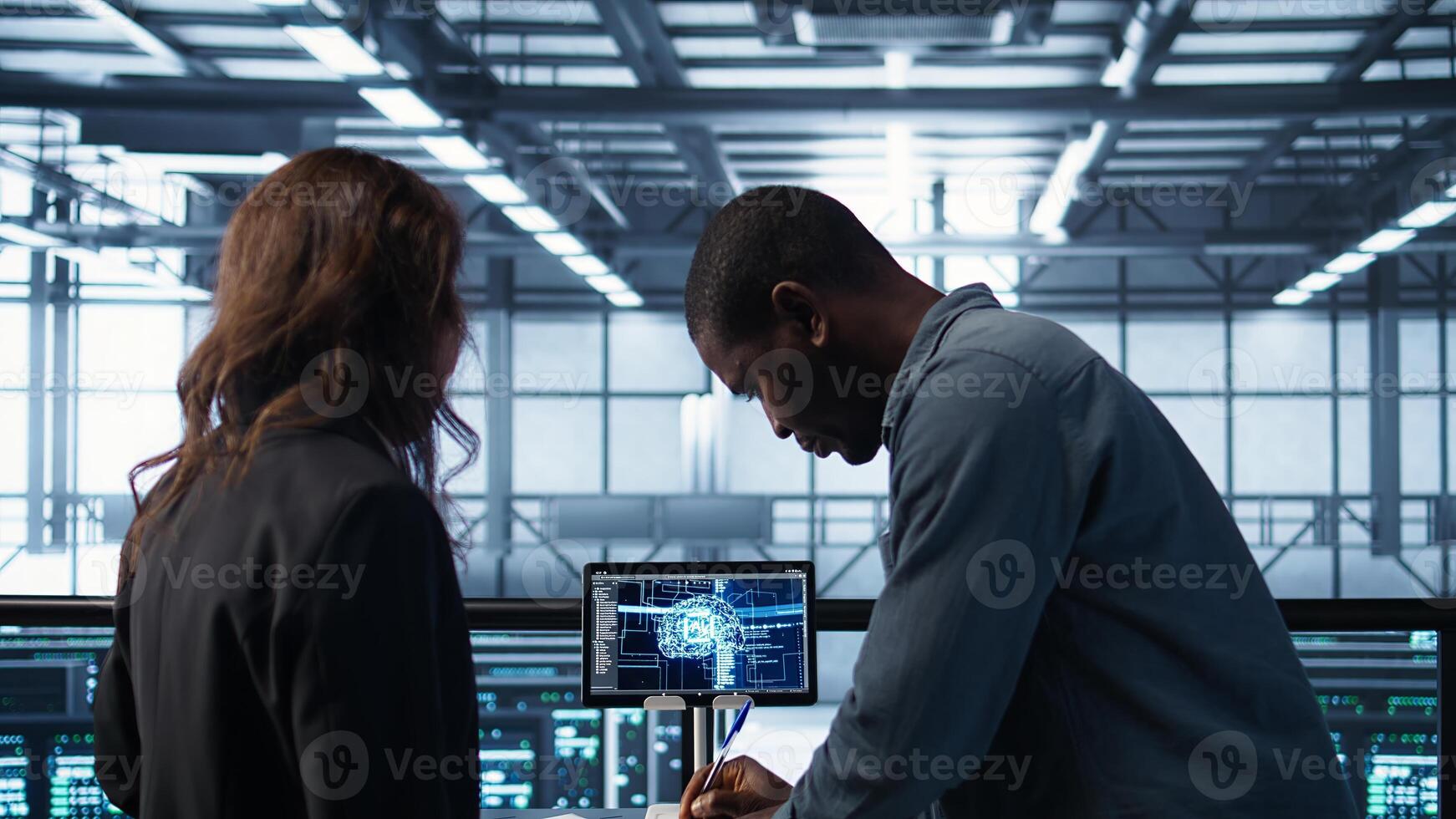 Manager meeting with client in data center using artificial intelligence tech, reaching deal. People doing handshake in AI based server room after checking files and finishing transaction, camera B photo