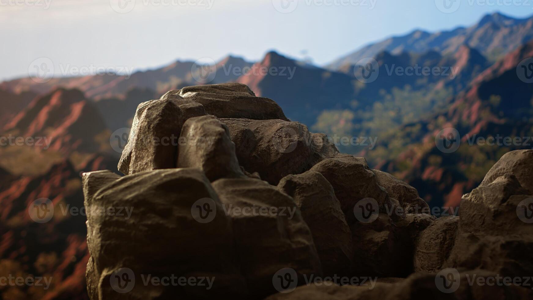 Picturesque mountain summit with rocky foreground showcasing raw beauty of nature. A true haven for those who crave the freedom and thrill of trekking through remote alpine regions. photo
