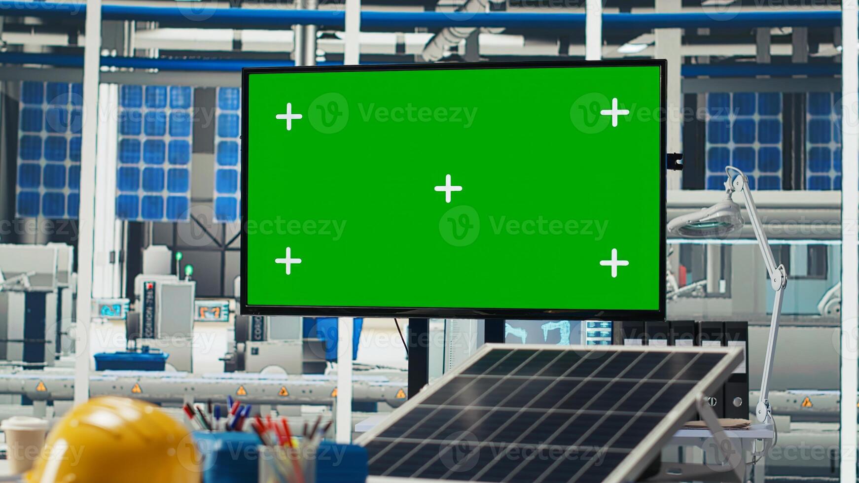 Isolated screen display overseeing solar panels, troubleshooting technical issues. Mockup monitor in photovoltaics factory used for analyzing data and reviewing system metrics photo