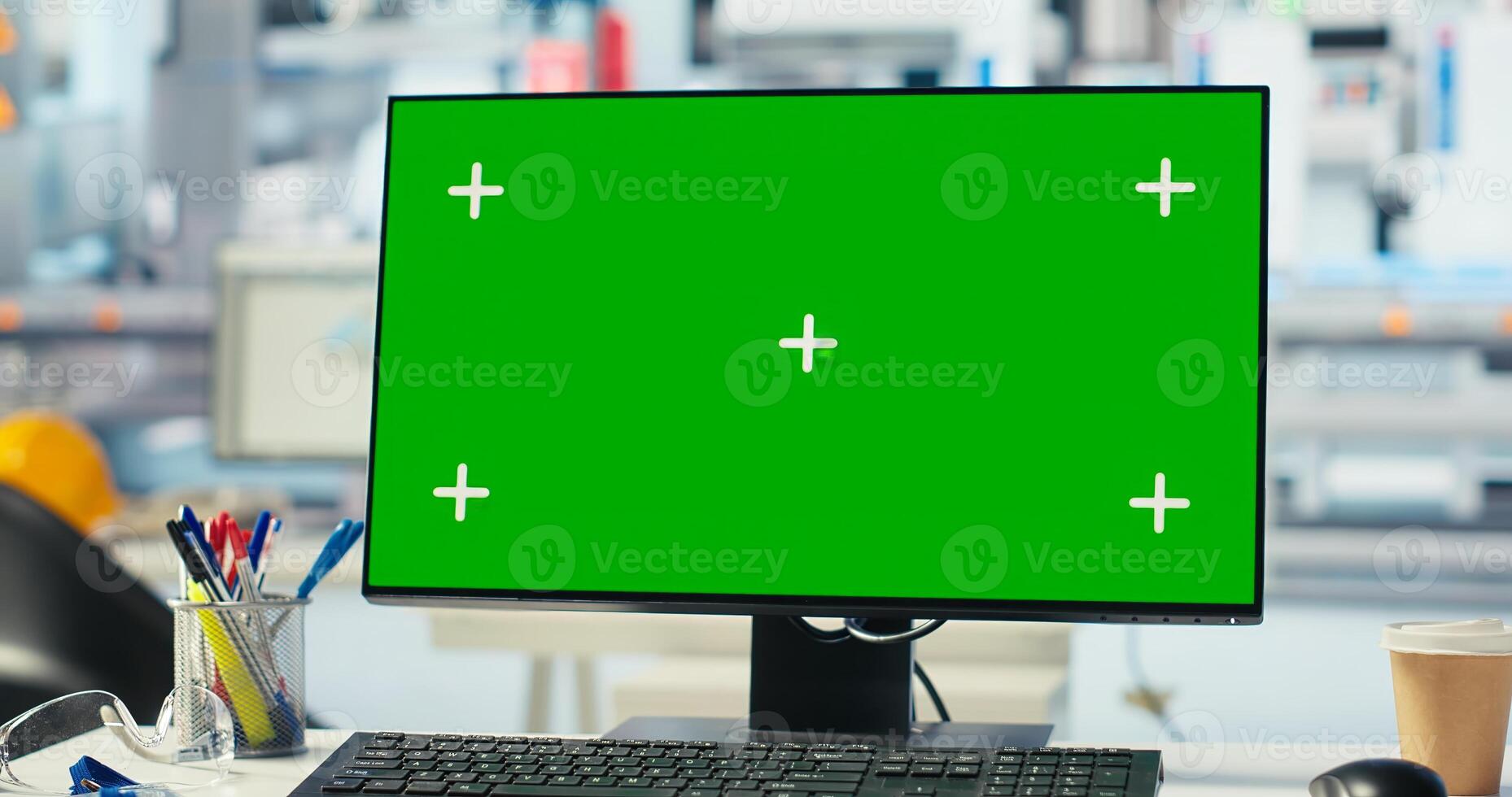 Isolated screen PC display used to adjust photovoltaics factory system parameters. Mockup computer monitor used for optimizing energy supply in solar panel plant, close up photo