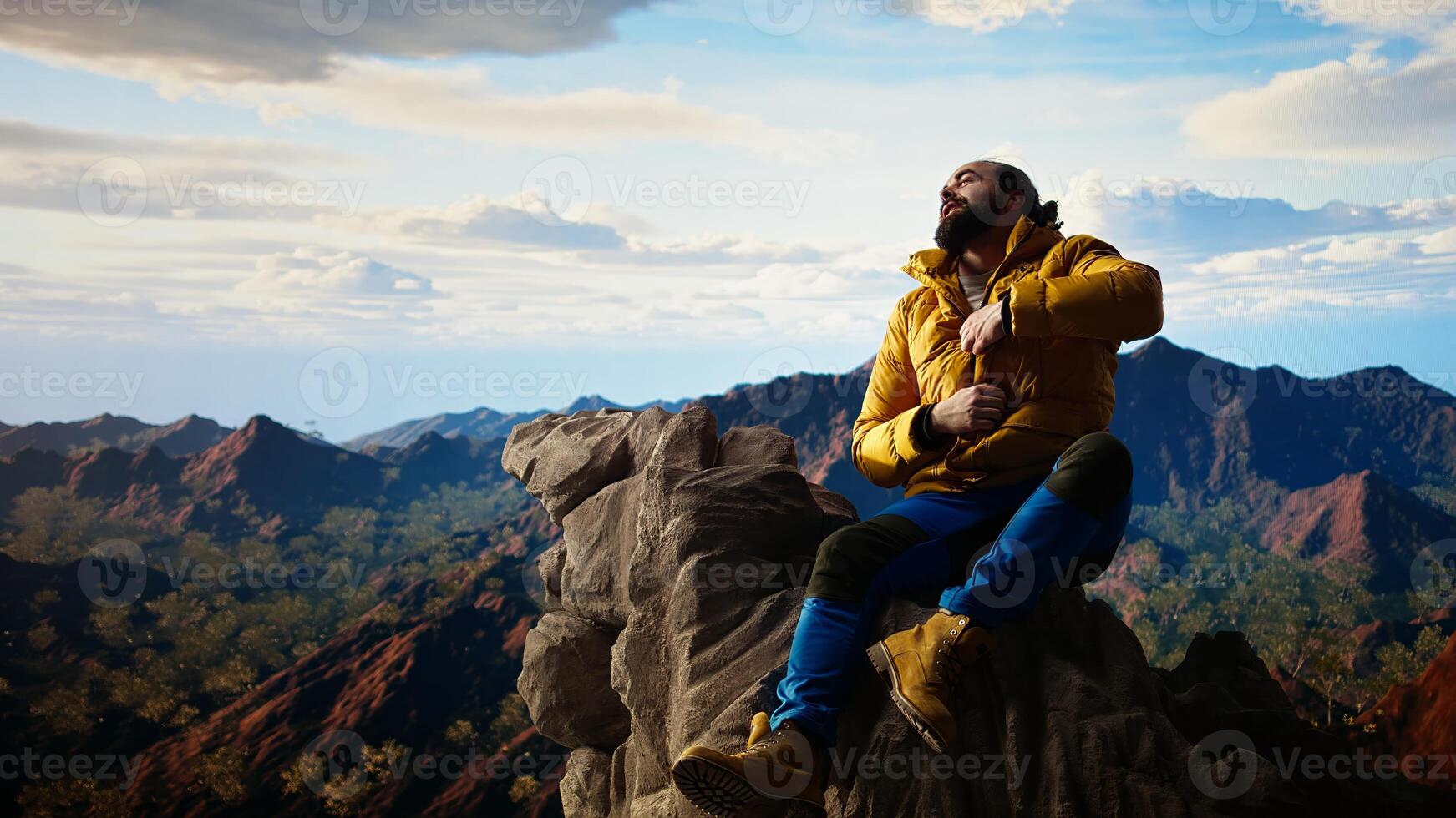 Traveler in warm clothing reaches peak with deep sense of satisfaction, feeling tired but proud of achievement. Adventure seeker accomplishing a goal. Camera A. photo
