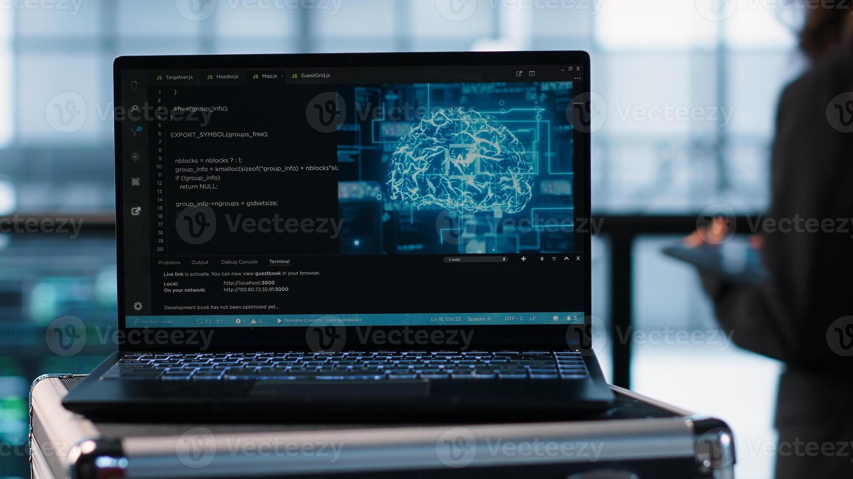 Laptop used by data center computer scientists in background using artificial intelligence. Notebook screen with neural networks doing computing processes, camera A close up photo