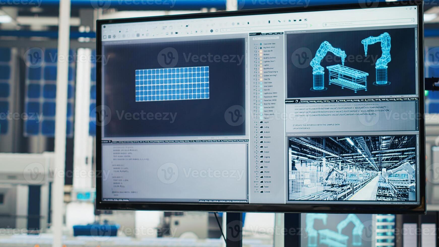 Research and development office in manufacturing plant used to study solar energy systems. Display on desk in empty factory used to improve efficiency and innovation photo
