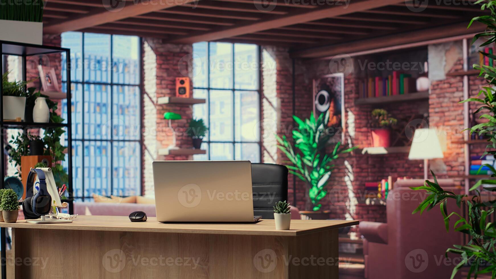 Empty minimalist apartment with modern decorations and desk, home office used for remote work. Trendy stylish loft with contemporary wooden floors and plants, homey feeling. photo