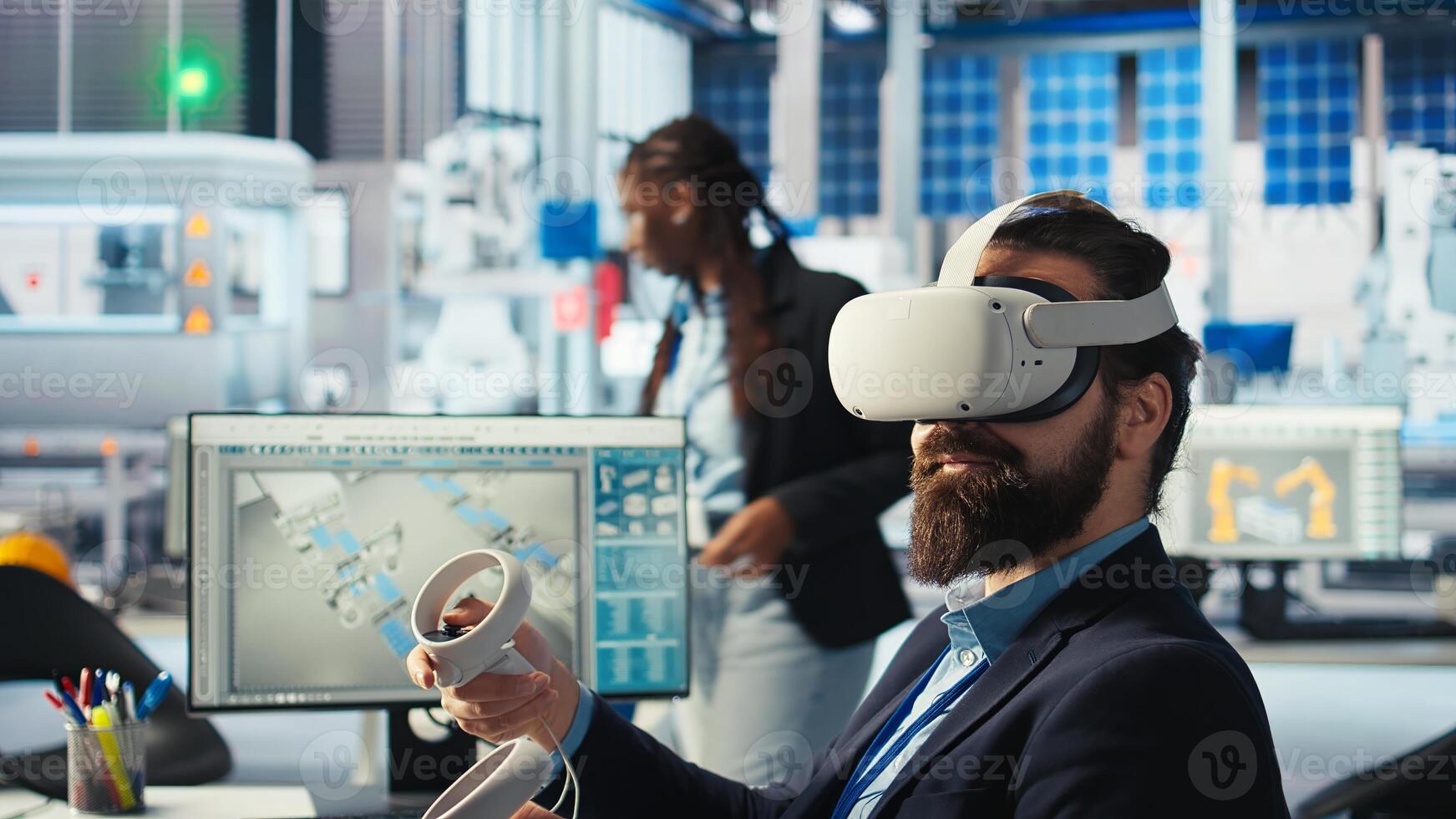 Photovoltaics engineer using VR goggles, improving solar panels efficiency. Solar panels plant worker using virtual reality tech researching cheaper solar solutions, camera A photo