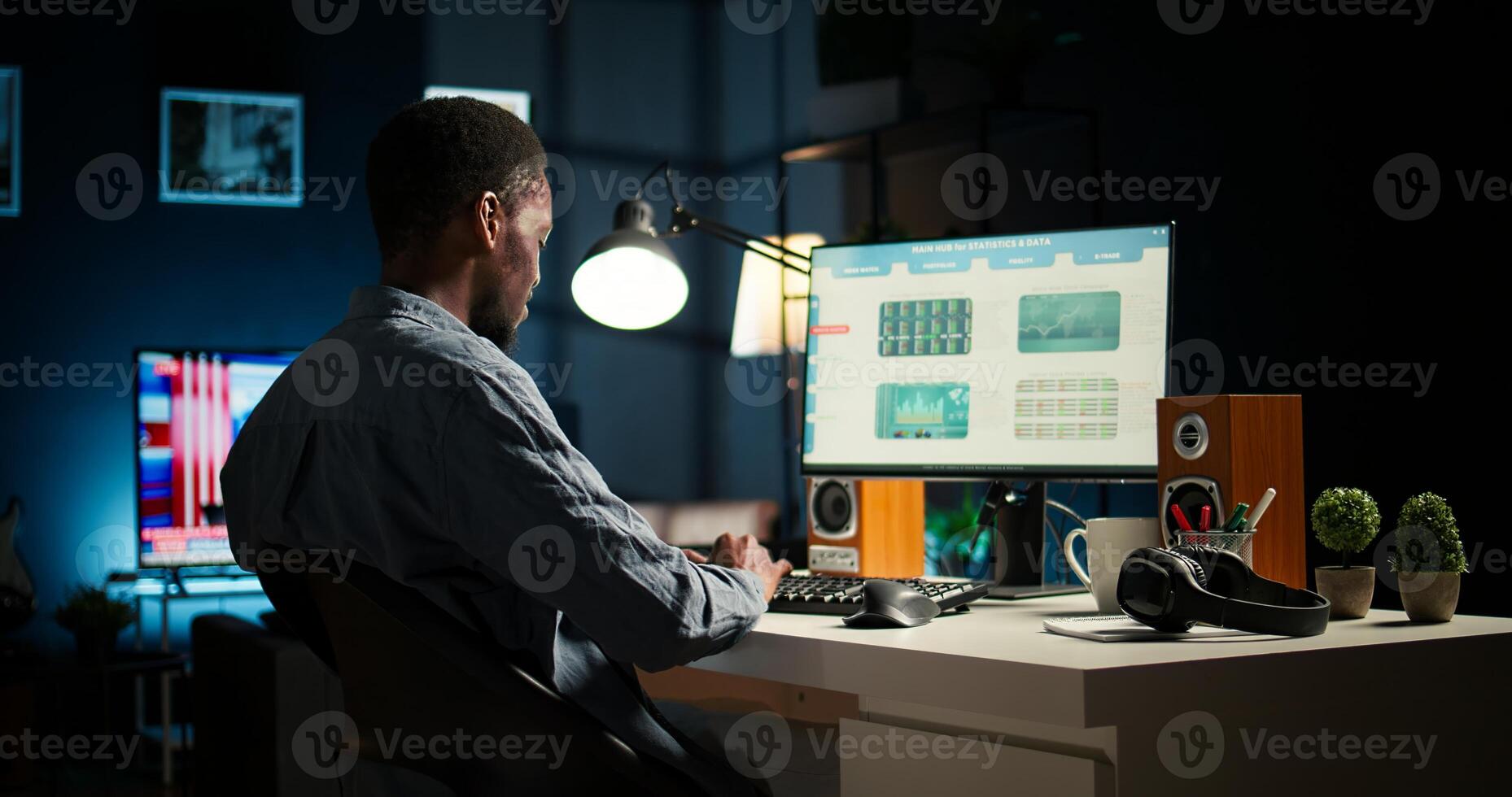Investment expert working from home analyzing financial statistics, developing global solutions for growth. Economy advisor examines declared revenue. Camera A. photo