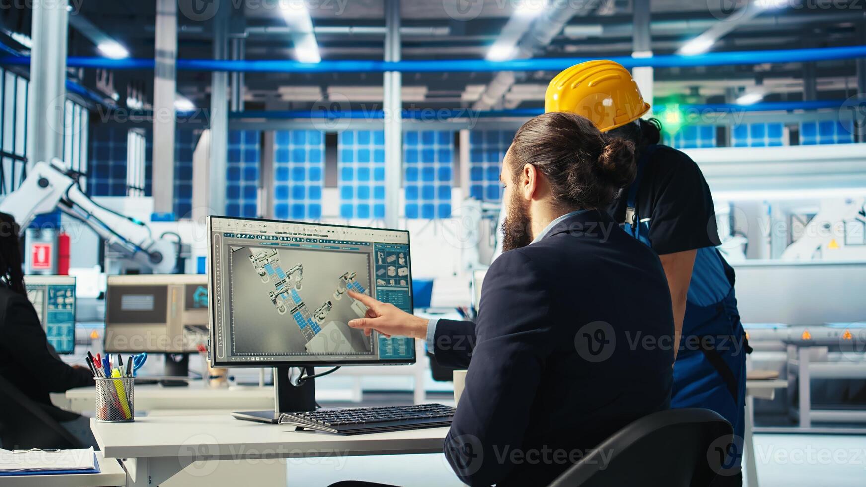 Solar panels expert sharing findings with engineer after developing new technologies harnessing sun power. Photovoltaics factory researcher telling worker how to improve efficiency, camera A photo