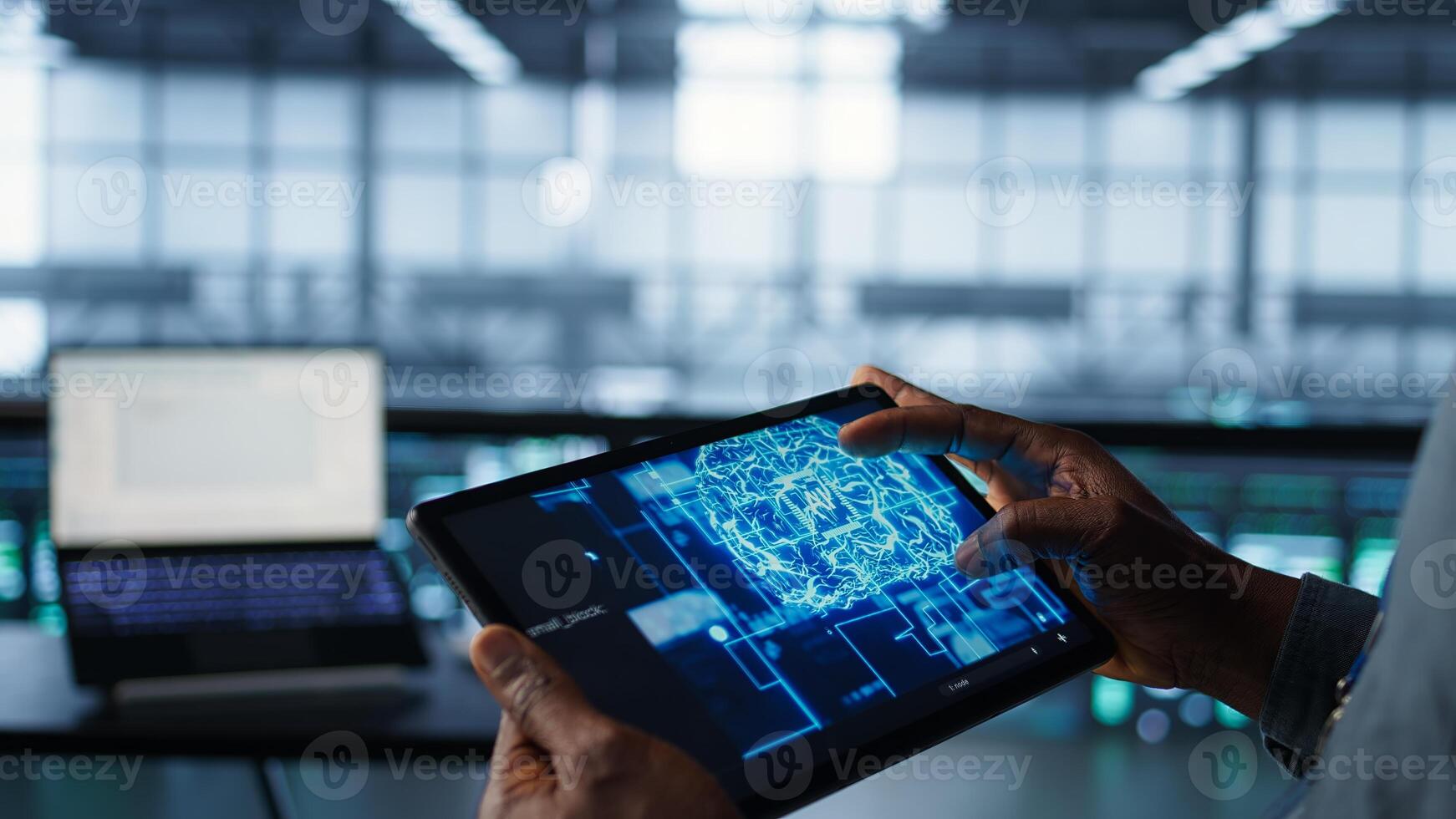 Programmer using AI tech on tablet, testing equipment failover scenarios. Server farm IT specialist uses artificial intelligence on device, ensuring data accessibility, camera B closeup photo
