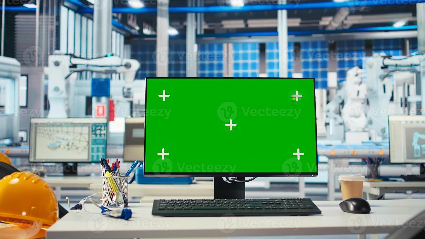 Chroma key PC in empty manufacturing plant used for developing new solar energy systems prototypes. Green screen computer monitor used for researching new photovoltaics materials photo