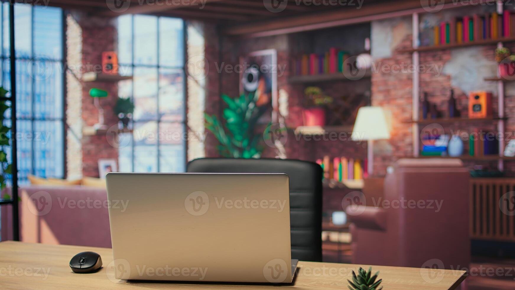 Stylish home with industrial and classic decor elements, spacious walls and cozy atmosphere for remote job. Trendy comfortable furniture and decorations, minimalist space. photo