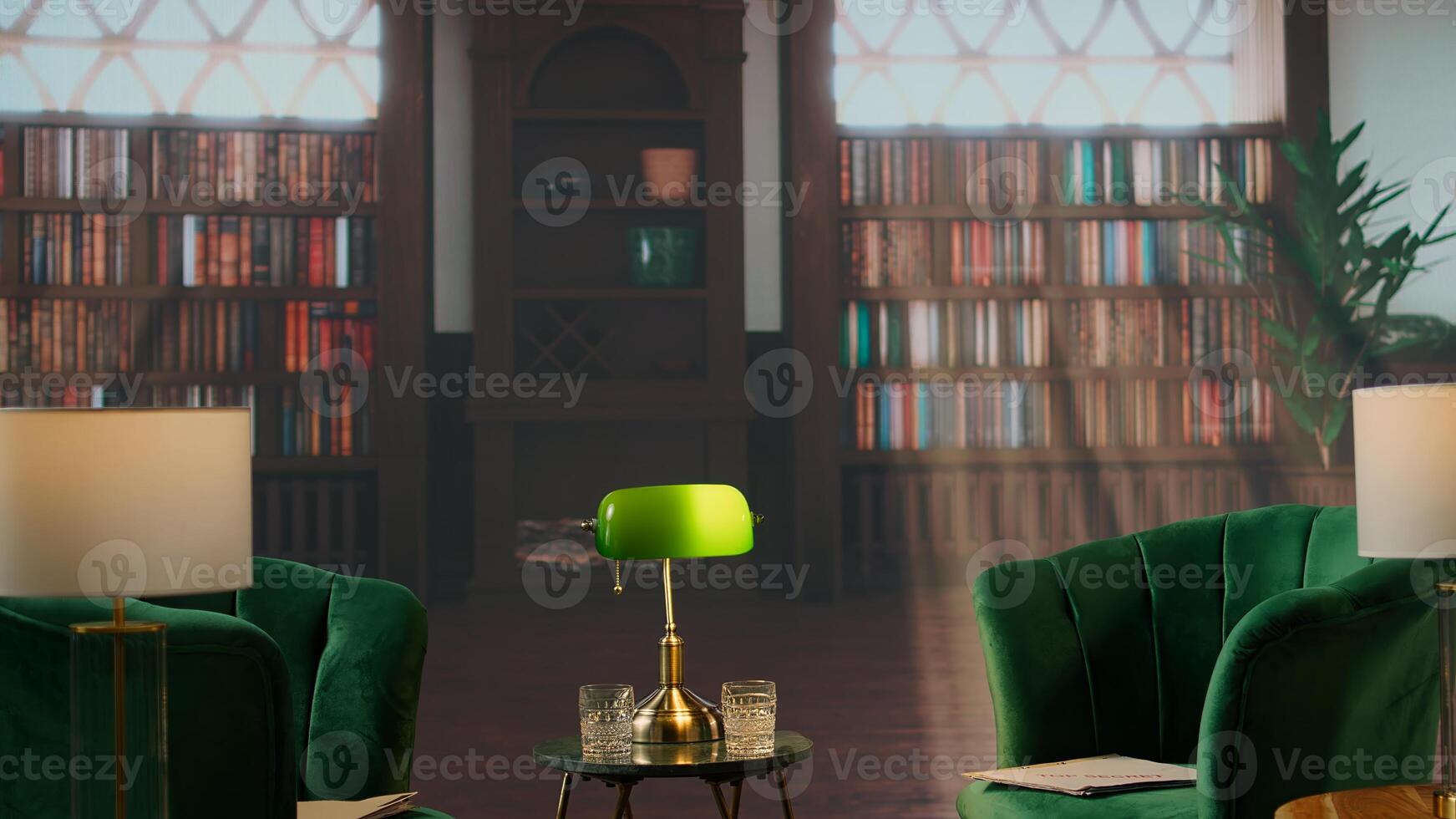 Cozy vintage library with green chairs and whiskey glasses create a classy setting, surrounded by wood bookshelves and warm light. Atmosphere of heritage, tradition and aristocracy. photo