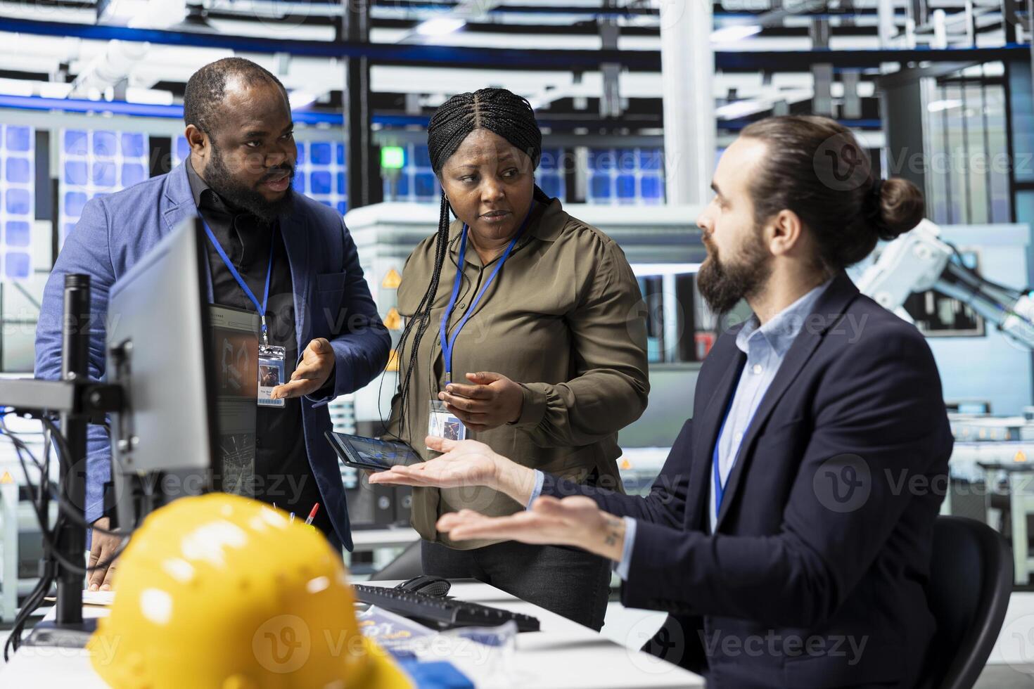 Professional consultants engineers group evaluate production process in solar plant, ensuring every activity supports renewable energy goals and efficient industrial operations. photo