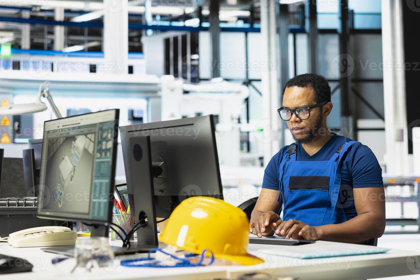 African american technician analyzing energy consumption software in solar factory, uses PC program to enhance solar cells production and reduce technical issues in automated machinery systems. photo