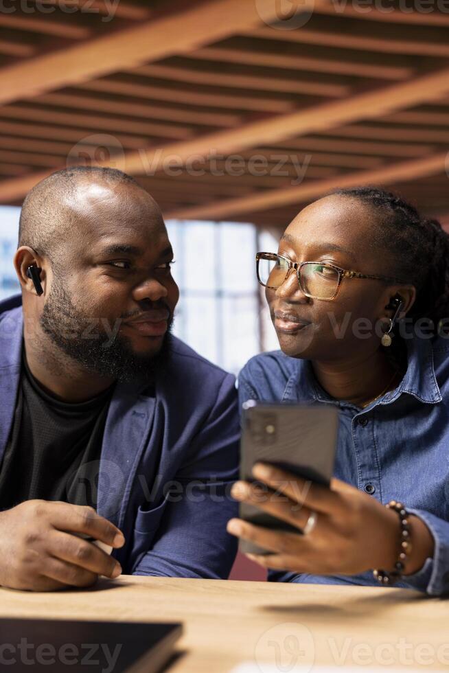 African american people participating in a conference for remote workshop, maintaining a digital connection for an effective online course and collaboration. Virtual call webinar. photo