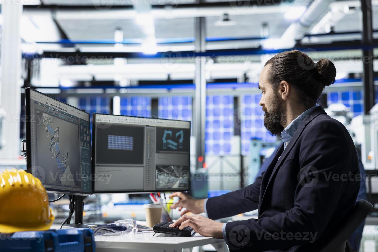 Male production worker in a solar panel plant conducts a routine inspection, contributing to renewable energy development and maintaining high standards in engineering processes. photo