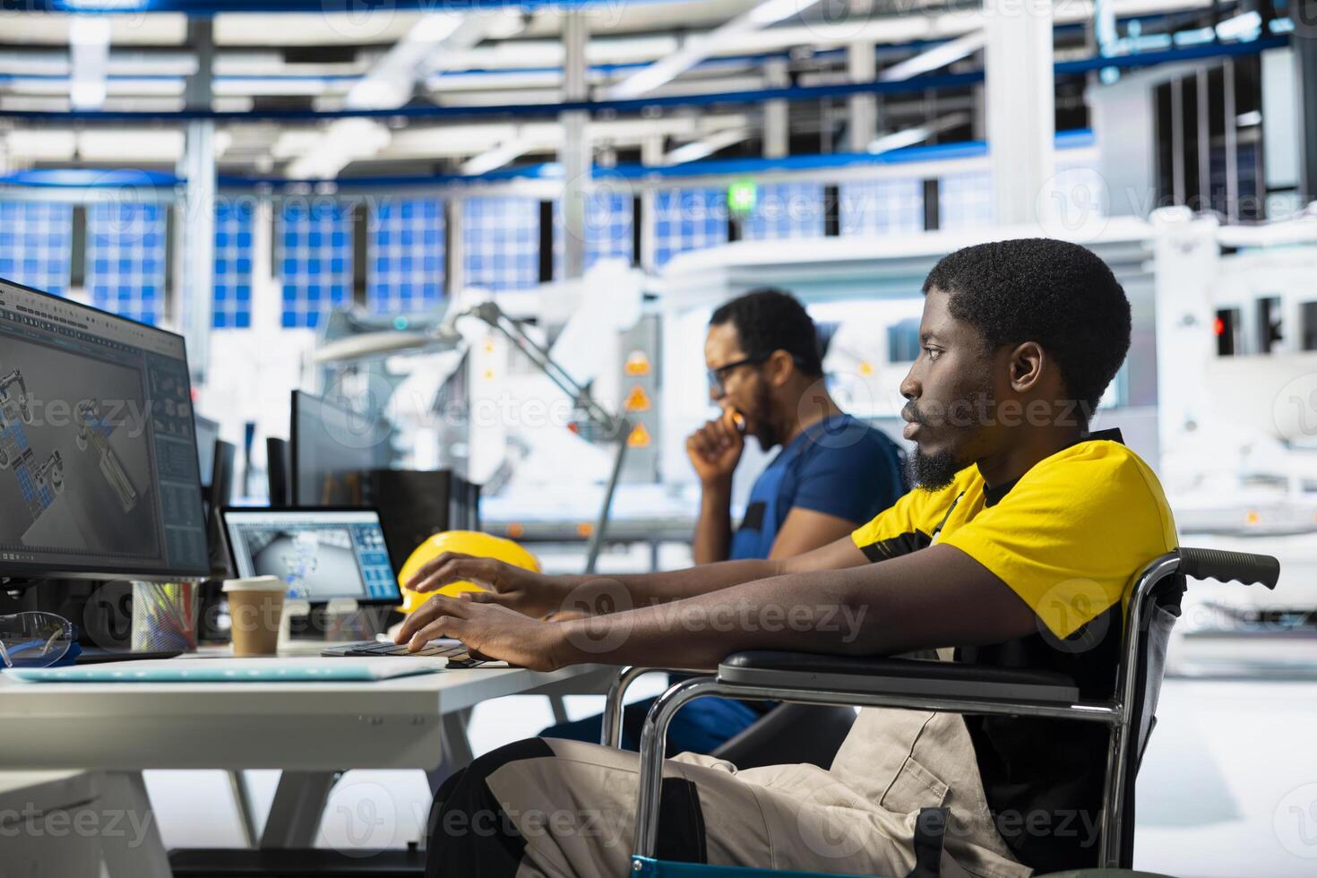 Worker with disability works in photovoltaics factory on designing solar cells, debugging and fixing malfunctioning systems. Engineer wheelchair user ensuring operational reliability at power plant. photo