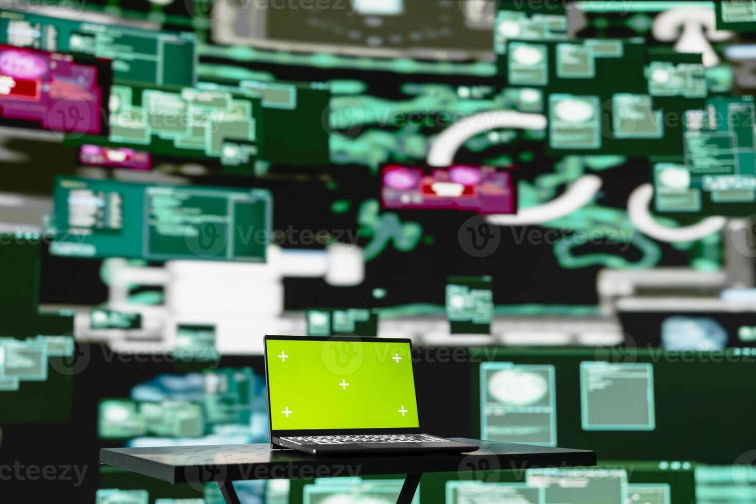 Empty scene with green screen on laptop showcases quantum threat on the dark web, space for a cyber crime with system override and identity theft. Cracking passwords to steal data. photo