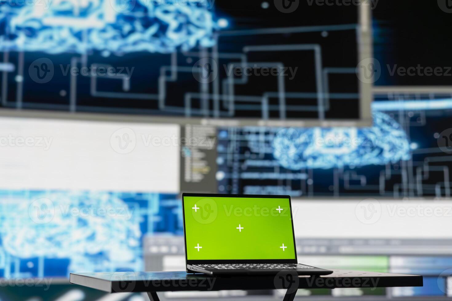 PC showcasing chroma key display next to AI neural networks system, machine learning used for practicing predictive analytics and cloud computing. Implementing artificial intelligence brain. photo