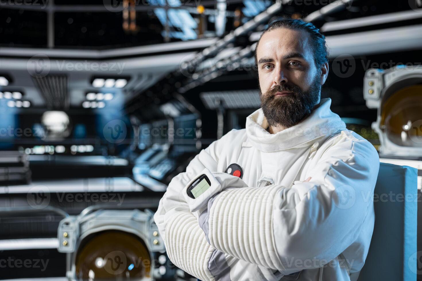 Portrait of cosmonaut flying in futuristic starship during cosmic journey, seeking extraterrestrial life. Astronaut in spacecraft testing other planets habitats during long distance space travel photo