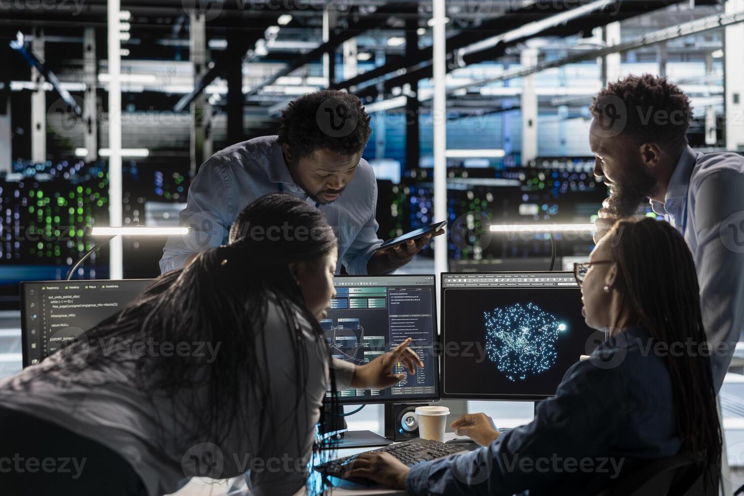 Data center engineering team implements AI virtualization frameworks to optimize server clusters. Teamworking server hub colleagues do artificial intelligence predictive analysis photo