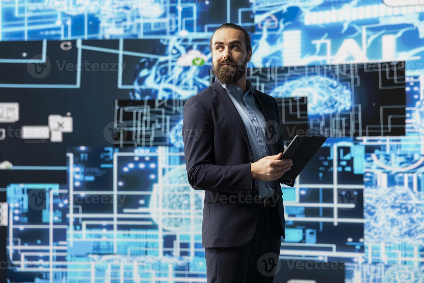 Young entrepreneur interacting with a digital AI brain symbolizing platforms, using deep learning and algorithm development for intelligent innovation and future tech strategy. photo