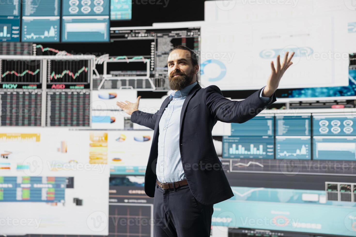 Confident powerful administrator feeling proud of his career success for a high end life and legacy, ensuring good performance metrics for growth. Achieving greatness with self belief. photo
