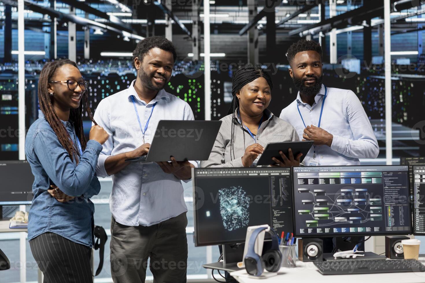 Cheerful data center experts working together, using deep learning algorithms and node trees to analyze datasets. Jolly server farm teamworking colleagues using AI to recognize facility data patterns photo