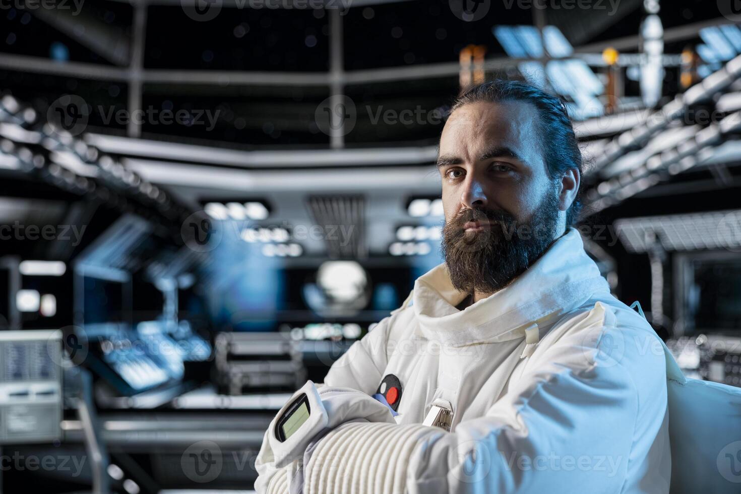 Portrait of cosmonaut testing gear during routine equipment check inside space station. Astronaut in spacecraft powered by advanced engineering running diagnostics to confirm suit integrity photo