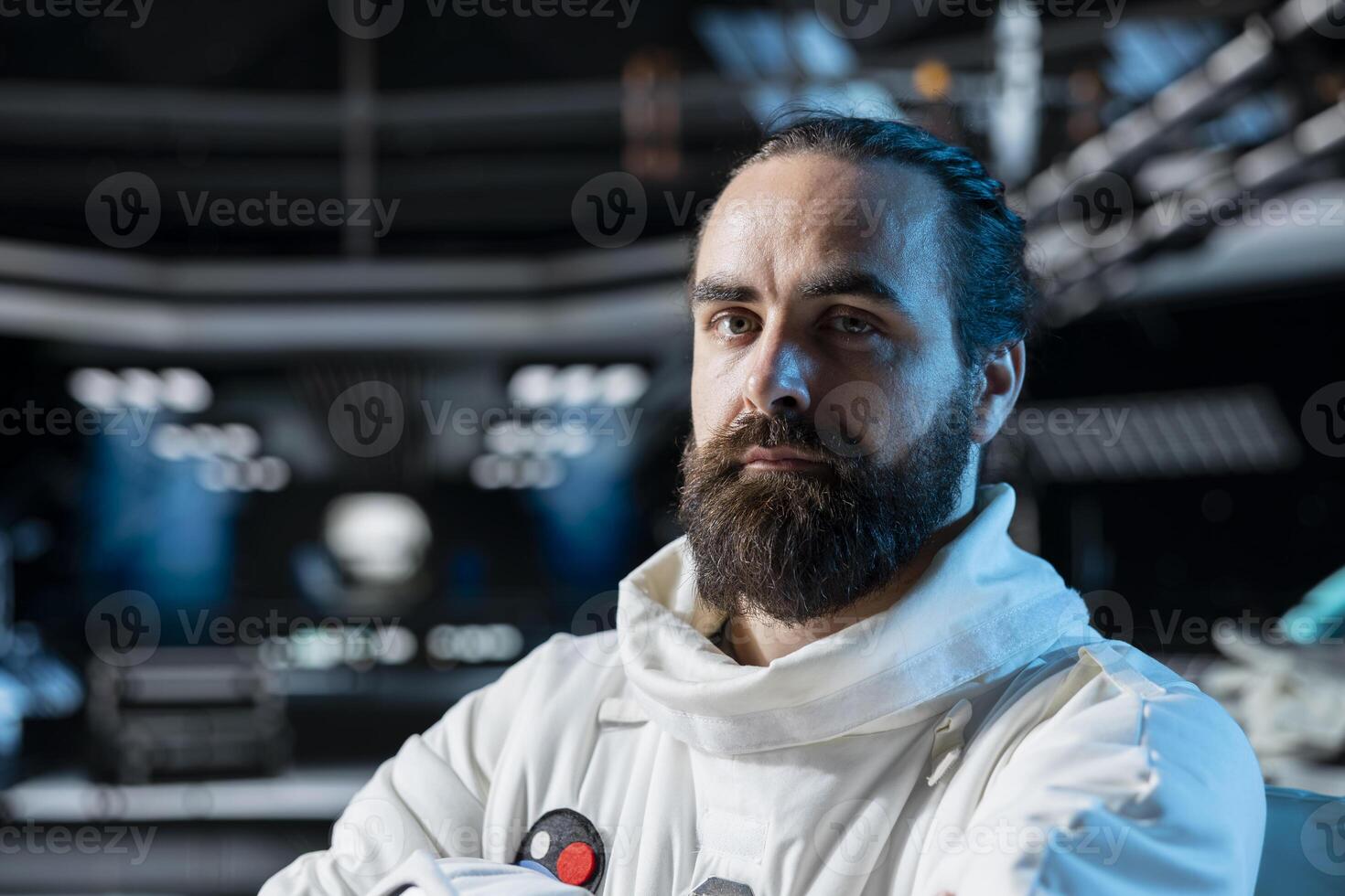Portrait of astronaut researcher exploring deep space, collecting research data during flight. Scientist wearing cosmonaut gear in spaceship observing scientific reactions in orbit photo