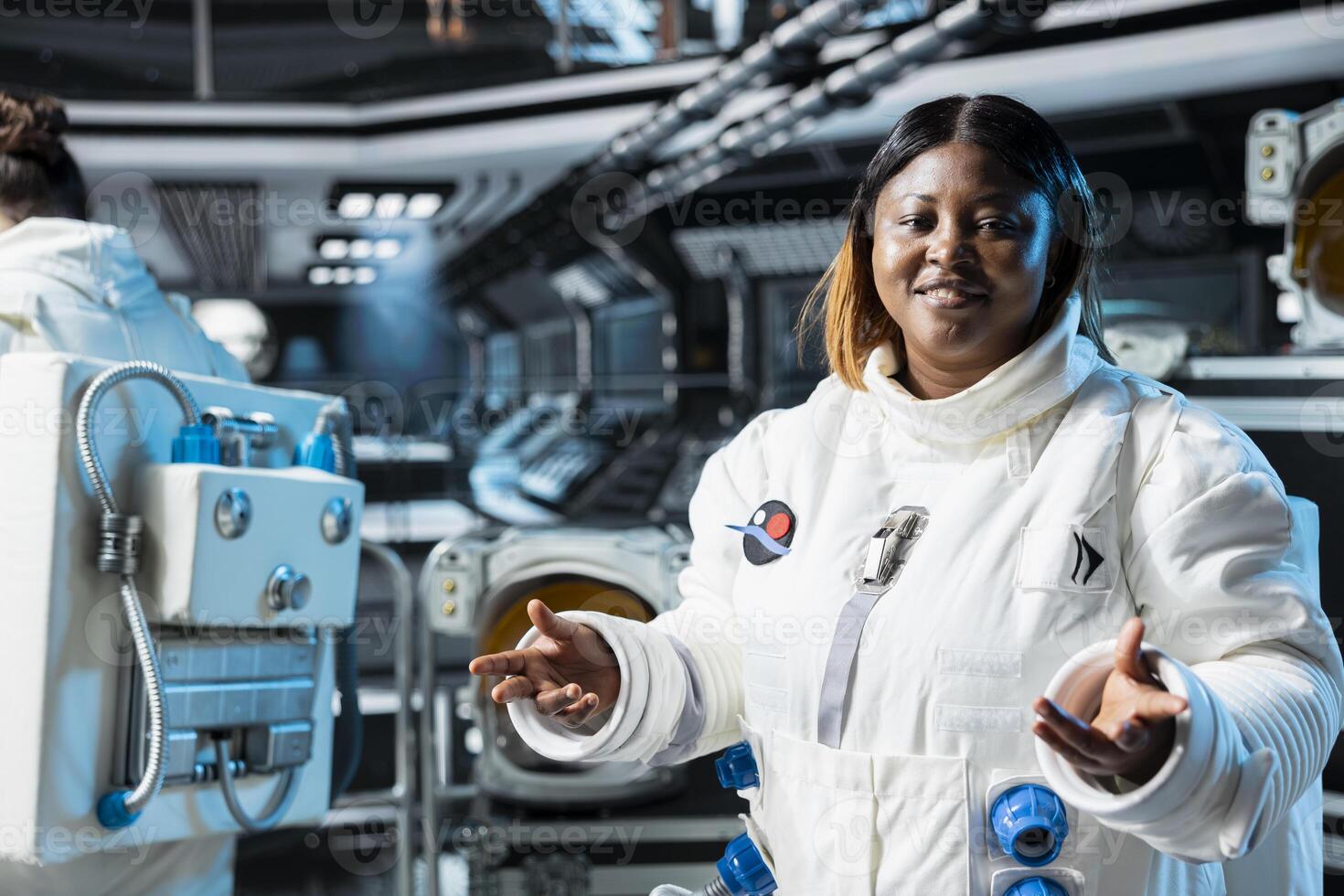 Portrait of cheerful female astronaut in futuristic spacecraft navigating orbital trajectory. Jolly woman in spaceship conducting safety checks during planetary exploration photo
