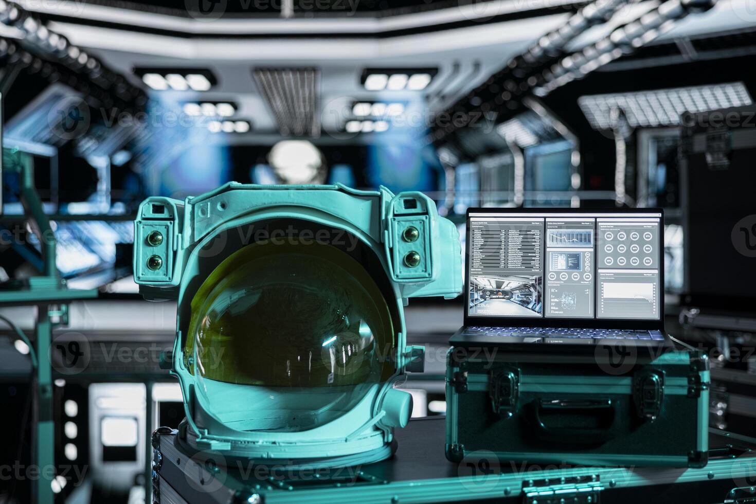 Close up of space helmet next to laptop running ship systems interface inside futuristic spacecraft. Notebook dashboard readouts metrics and astronauts equipment prepared for flight photo