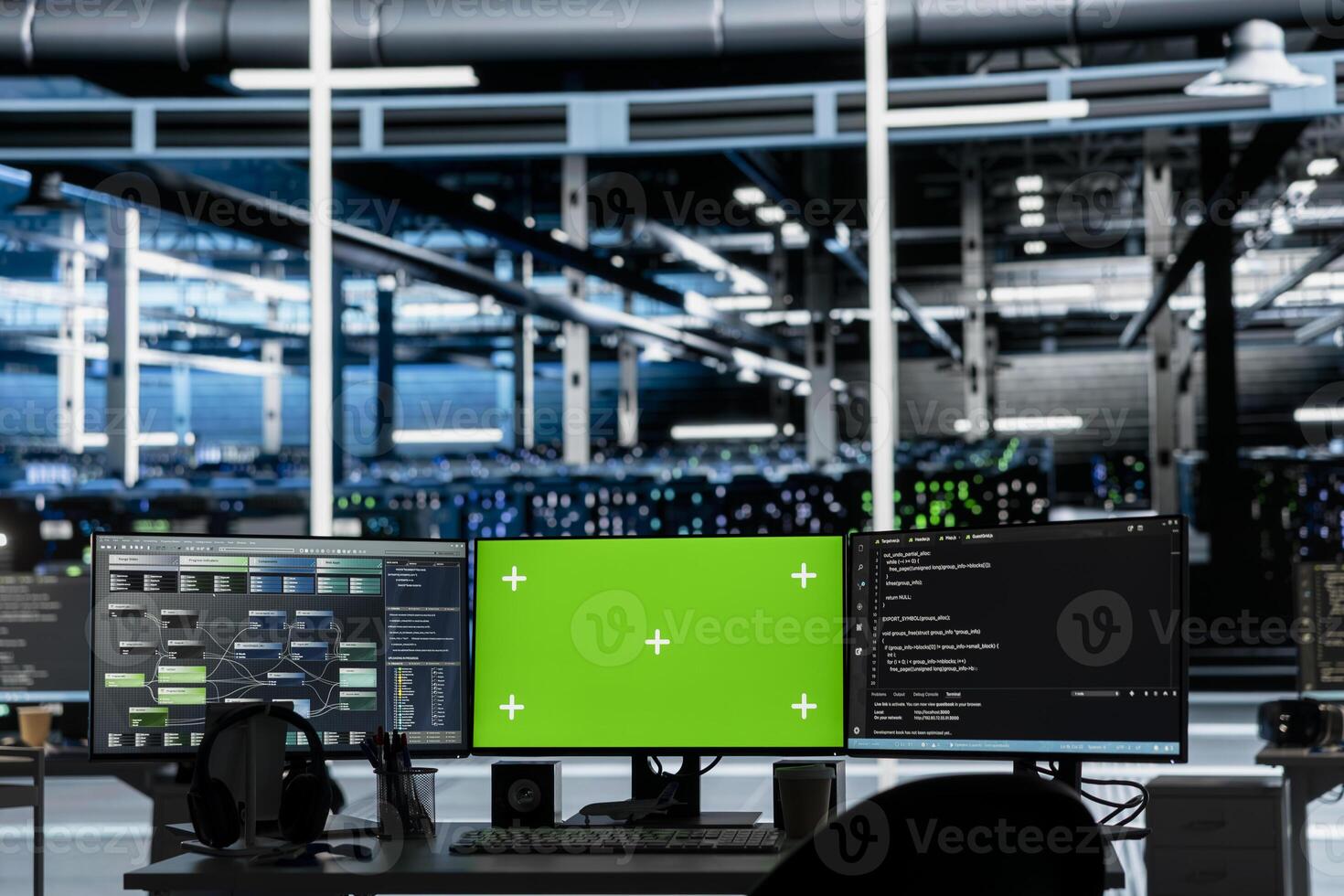Mockup computers in data center facility used for managing supercomputers hardware energy consumption. Green screen PCs used for automation and monitoring processes in server farm photo