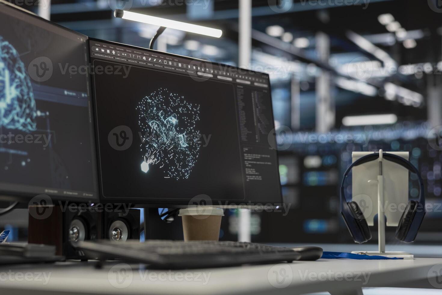 Close up of computer screens in server room monitoring artificial intelligence visualizing neural networks data and analytics. PC displays overseeing servers powering machine learning operations photo