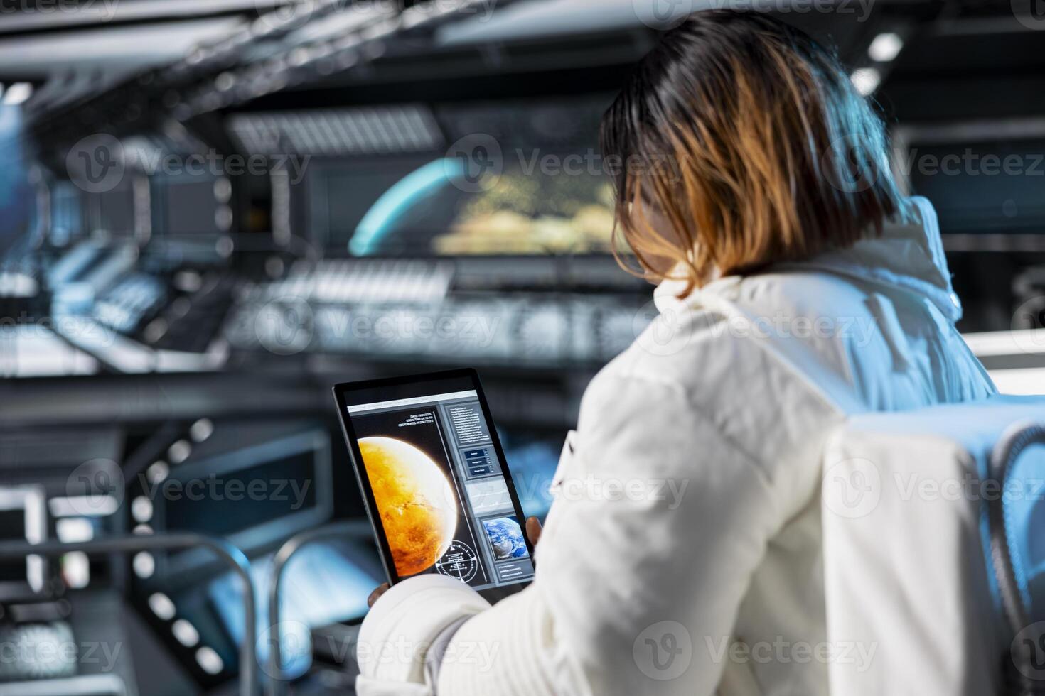 Astronaut checks tablet before landing spaceship powered by advanced engineering on Mars. Crew preparing for mission launch to red planet surface, testing future human survival in deep space photo
