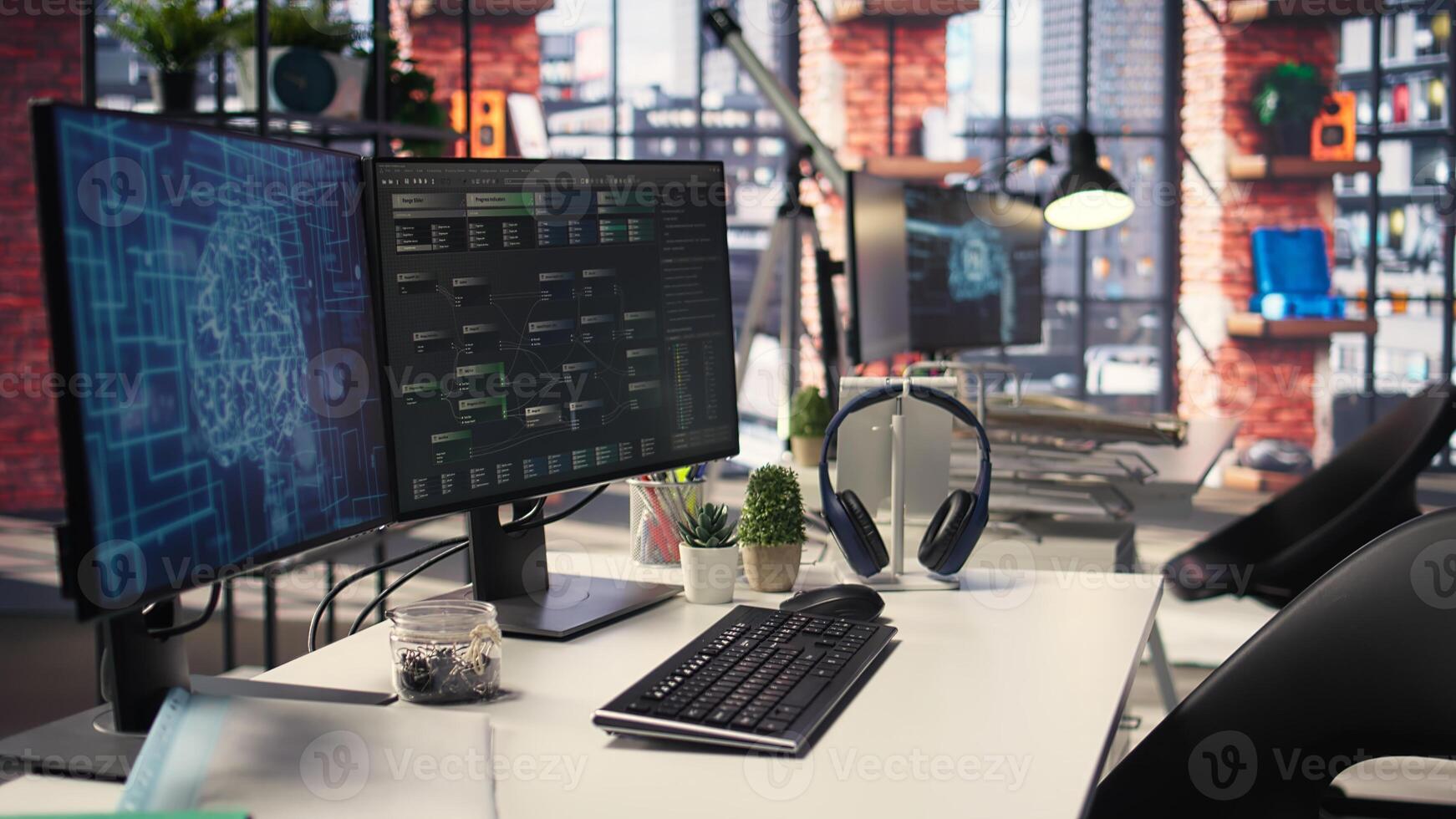 Sleek desktop workspace displays active code windows for artificial intelligence and data science. It captures the essence of innovation and development in network driven machine learning. photo