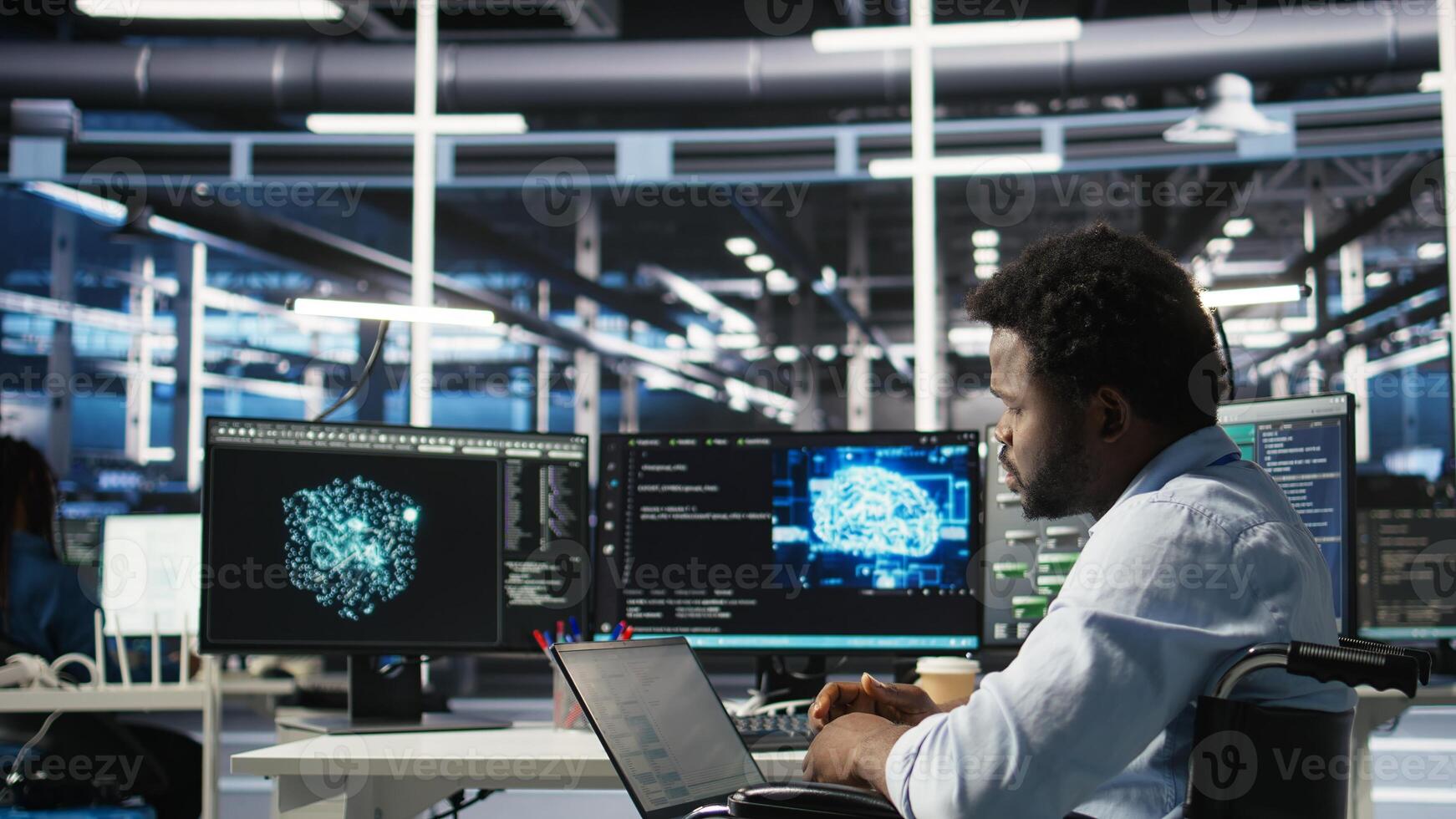 Data center computer scientist in wheelchair using AI node tree software to minimize system downtime. Server hub employee in disability using artificial intelligence visual programming tool, camera A photo