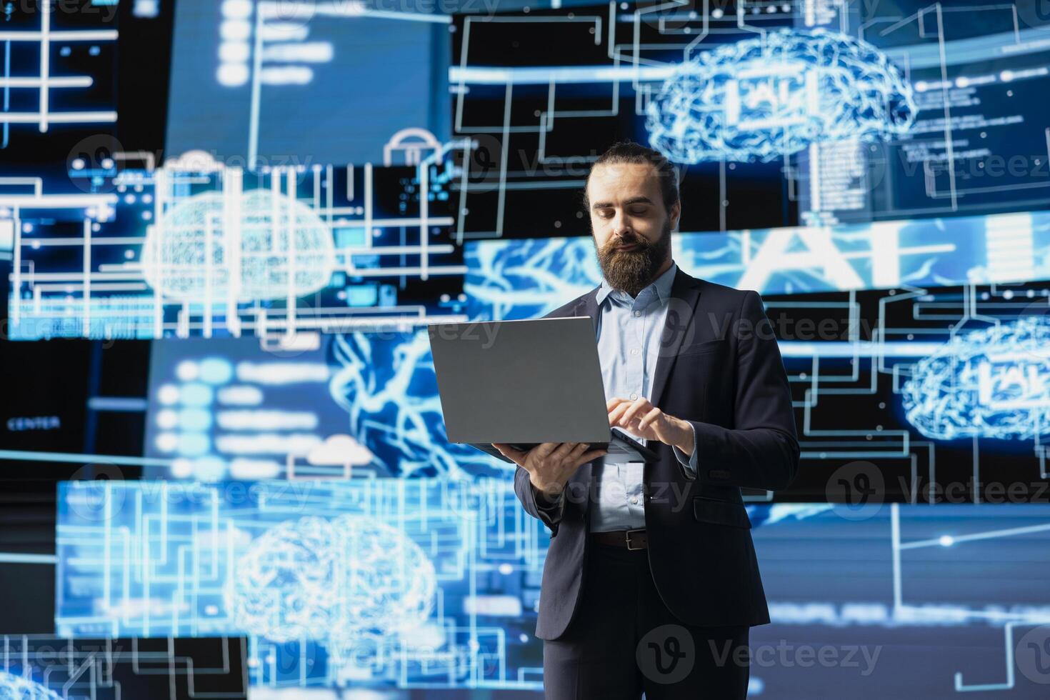 Tech savvy businessman reviewing AI brain programming for innovation, exploring algorithmic thinking and deep learning through neural network system. Virtual intelligence in the digital age. photo
