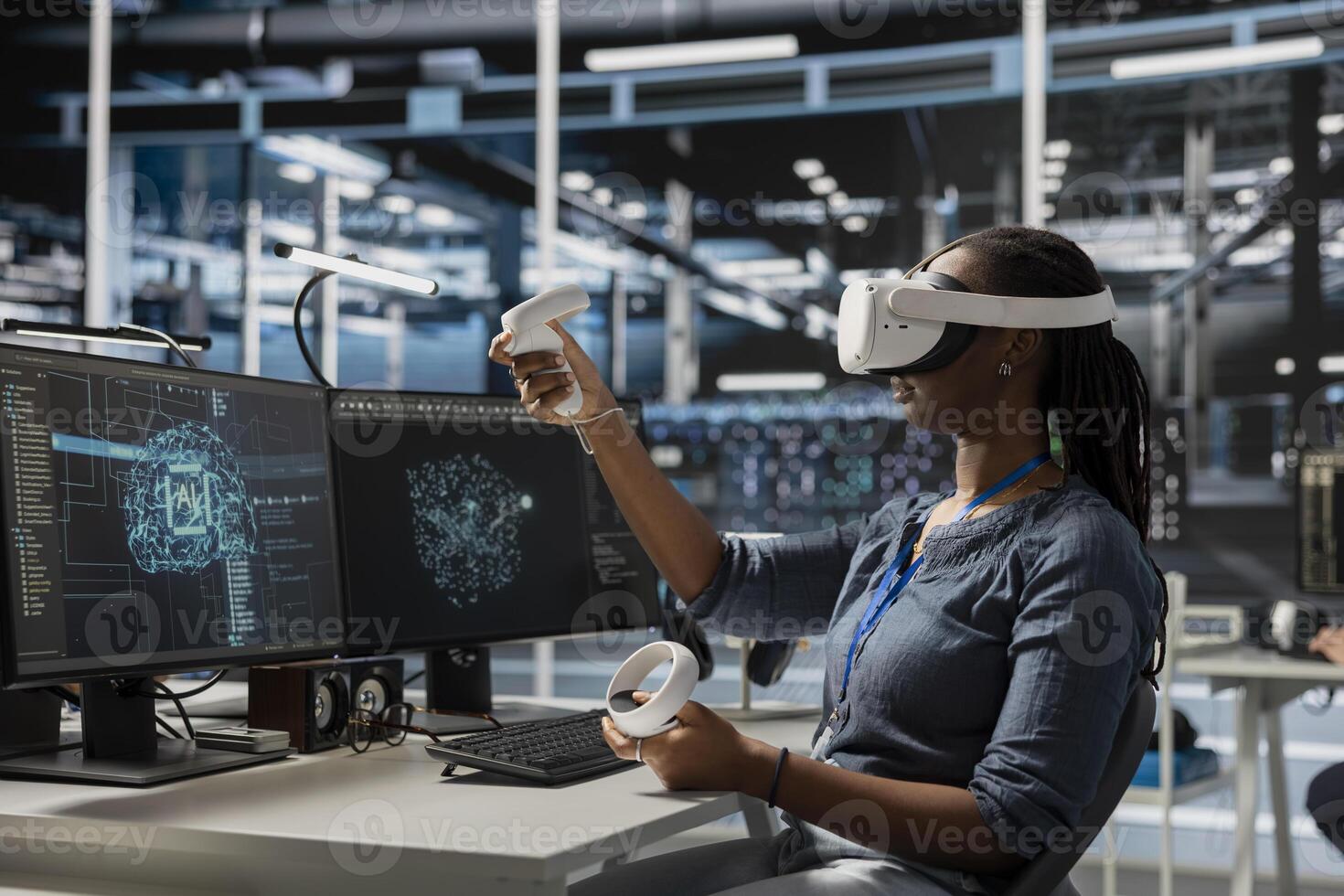 Programmer in data center wearing VR headset using AI powered tech to run simulations. IT expert using virtual reality, coding algorithms to extract insights from data and automate rigs photo